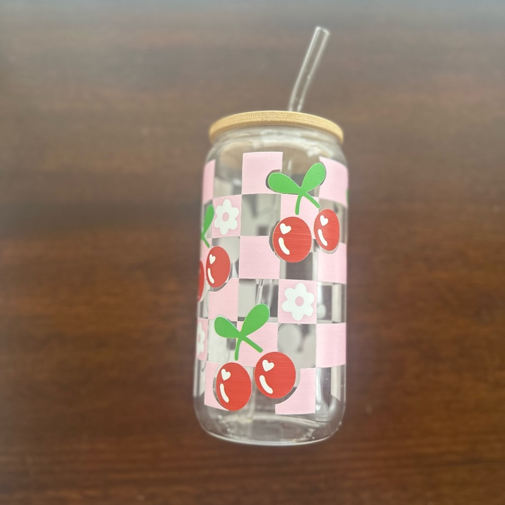 Cherry Checkered Glass Tumbler with Straw